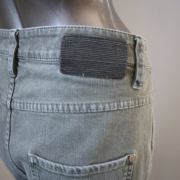 Brunello Cucinelli Monili Precious Jeans Army Green Denim Crop Raw Edge Size 8